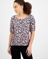 Ak Anne Klein Petite Elbow-Sleeve Keyhole-Cutout Floral-Print Top