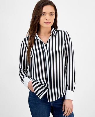 I.n.c. International Concepts Petite Striped Contrast-Cuff Shirt, Exclusively at Macy's