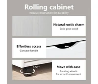 Rolling Cabinet with Drawers Moss White Solid Wood Pine