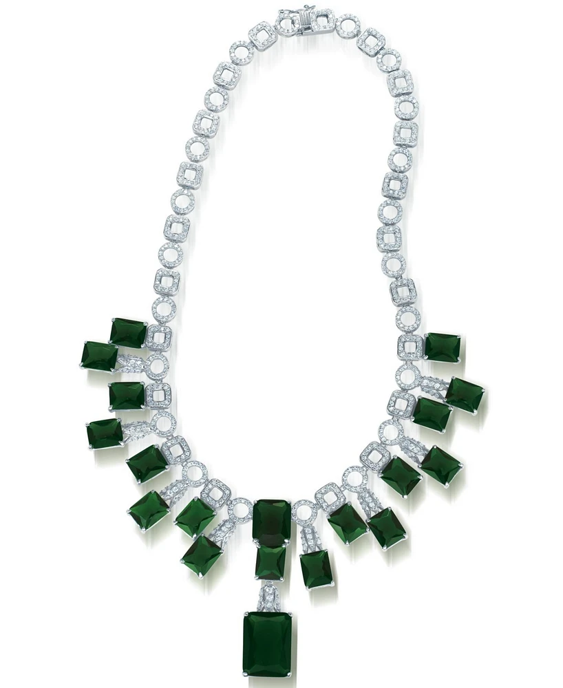 Genevive Cubic Zirconia Sterling Silver White Gold Plated Heavy Green Cubic Zirconia Necklace