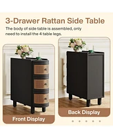 Tribesigns Solid Wood End Table, No Assembly Required, 3-Drawer Rattan Nightstand with Exquisite Embossed Handles, Perfect for Living Room, Bedroom St