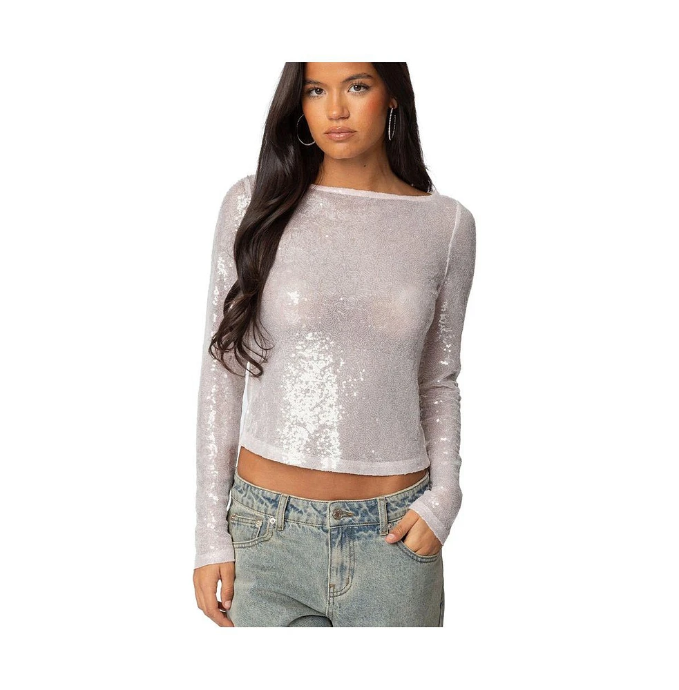 Edikted Women's Sheer Sequin Boat Neck Top