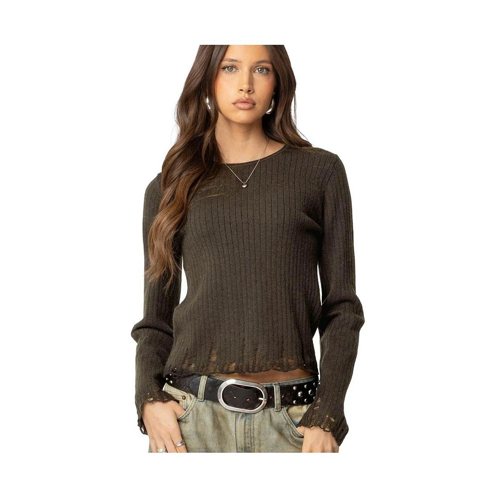 Edikted Women's Distressed Ribbed Knit Sweater