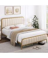 Slickblue Gold Metal Platform Bed Frame with Off-White Upholstered Headboard