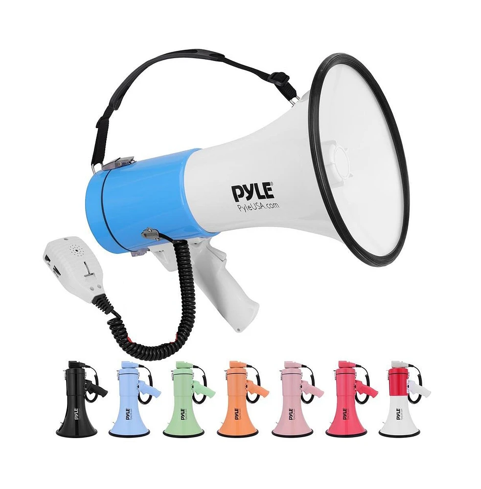 Pyle 50-Watt Portable Megaphone with Siren, MP3 Input, Adjustable Volume, Shoulder Strap, Lightweight White Bullhorn