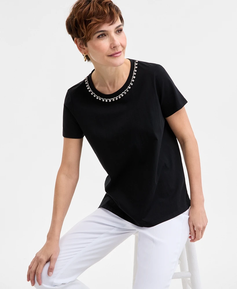 Jm Collection Women's Embellished Cotton Polished T-Shirt, Exclusively at Macys