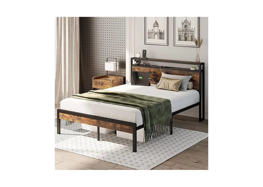 Slickblue Industrial Platform Bed Frame with Storage Headboard and Built-In Power Outlets for Convenience