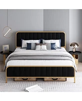 Slickblue Metal Platform Bed Frame with Black Velvet Upholstered Headboard