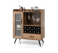 Slickblue Mid-Century Modern Sideboard Wood Buffet Cabinet with Wine Rack and Glass Storage