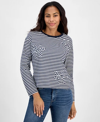 Nautica Jeans Women's Applique-Detail Striped Long-Sleeve Cotton Top