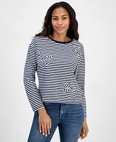 Nautica Jeans Women's Applique-Detail Striped Long-Sleeve Cotton Top