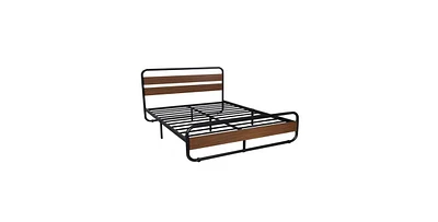 Slickblue Heavy Duty Industrial Modern Metal Wood Platform Bed Frame with Headboard