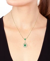 Effy Emerald (3/4 ct. t.w.) & Diamond (1-1/8 ct. t.w.) Double Pear Halo 18" Pendant Necklace in 14k Gold