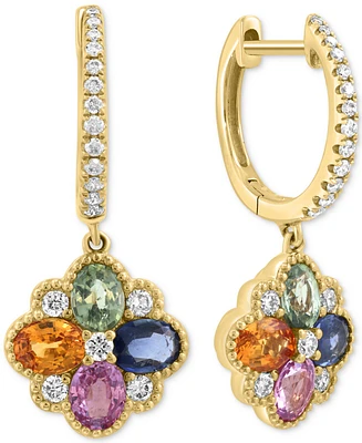 Effy Multi-Sapphire (1-7/8 ct. t.w.) & Diamond Flower Dangle Hoop Earrings in 14k Gold