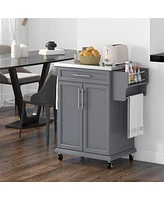 Aosom Wood Kitchen Island Cart Storage Box Cabinet Drawer Trolley w/ Stainless Steel