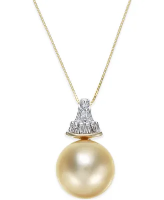 Cultured Golden South Sea Pearl (12mm) and Diamond (1/8 ct. t.w.) Pendant Necklace in 14k Gold