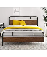 Slickblue Industrial Metal and Wood Platform Bed Frame with Headboard and Footboard for Modern Bedrooms