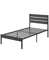 Slickblue Industrial Platform Bed Frame with Wood Slatted Headboard for Modern Bedroom Decor