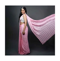 One Minute Saree Petite Puja Pink Georgette Silver Sequins Ready to Wear Sari