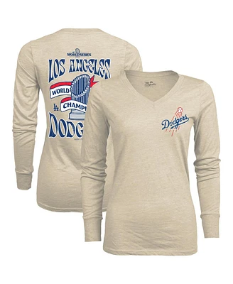 Majestic Women's Oatmeal Los Angeles Dodgers 2024 World Series Champions Tri-Blend Long Sleeve V-Neck T-Shirt