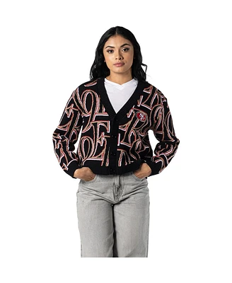 The Wild Collective Women's Black San Francisco 49ers Cropped Full-Button Cardigan Sweater