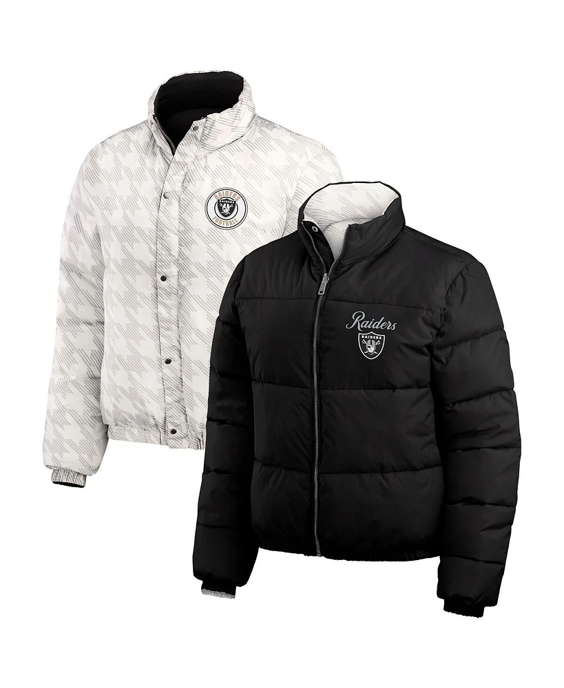 Wear by Erin Andrews Women's Black/White Las Vegas Raiders Reversible Cropped Full-Zip Puffer Jacket