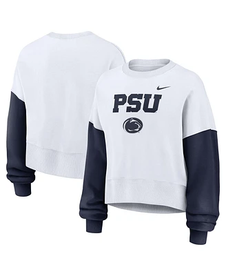 Nike Women's White Penn State Nittany Lions Color-Block Oversized Cropped Pullover Sweatshirt