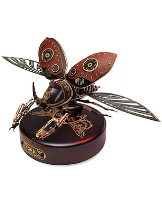 Robotime 3D Puzzle Rhinoceros Beetle Diy Moveable Mechanic Organism Series Steampunk Design Funny Toys for Kids Model Kit, Brown, 4.6"3.8"7.5"