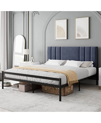 gaomon Platform Bed Frame with Velvet Headboard, Heavy Duty Metal Bed Frame with 15 Strong Slats Support