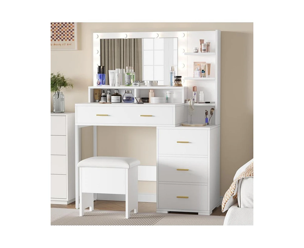 gaomon Vanity Desk, Makeup Vanity Table with Mirror & 9 Led Light Bulbs, 4 Large Drawers and 3 Tiers of Open Shelves for Bedroom