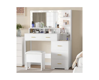 gaomon Vanity Desk, Makeup Vanity Table with Mirror & 9 Led Light Bulbs, 4 Large Drawers and 3 Tiers of Open Shelves for Bedroom