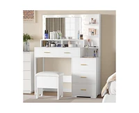 gaomon Vanity Desk, Makeup Vanity Table with Mirror & 9 Led Light Bulbs, 4 Large Drawers and 3 Tiers of Open Shelves for Bedroom