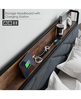 gaomon Bed Frame, Upholstered Headboard with Charging Station and Storage Shelf