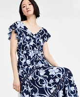 Anne Klein Women's Printed Border-Trim Drawstring Maxi Dress