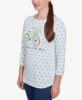 Ruby Rd. Petite Bicycle Bloom Polka Dot Three Quarter Sleeve T-Shirt