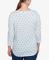 Ruby Rd. Petite Bicycle Bloom Polka Dot Three Quarter Sleeve T-Shirt