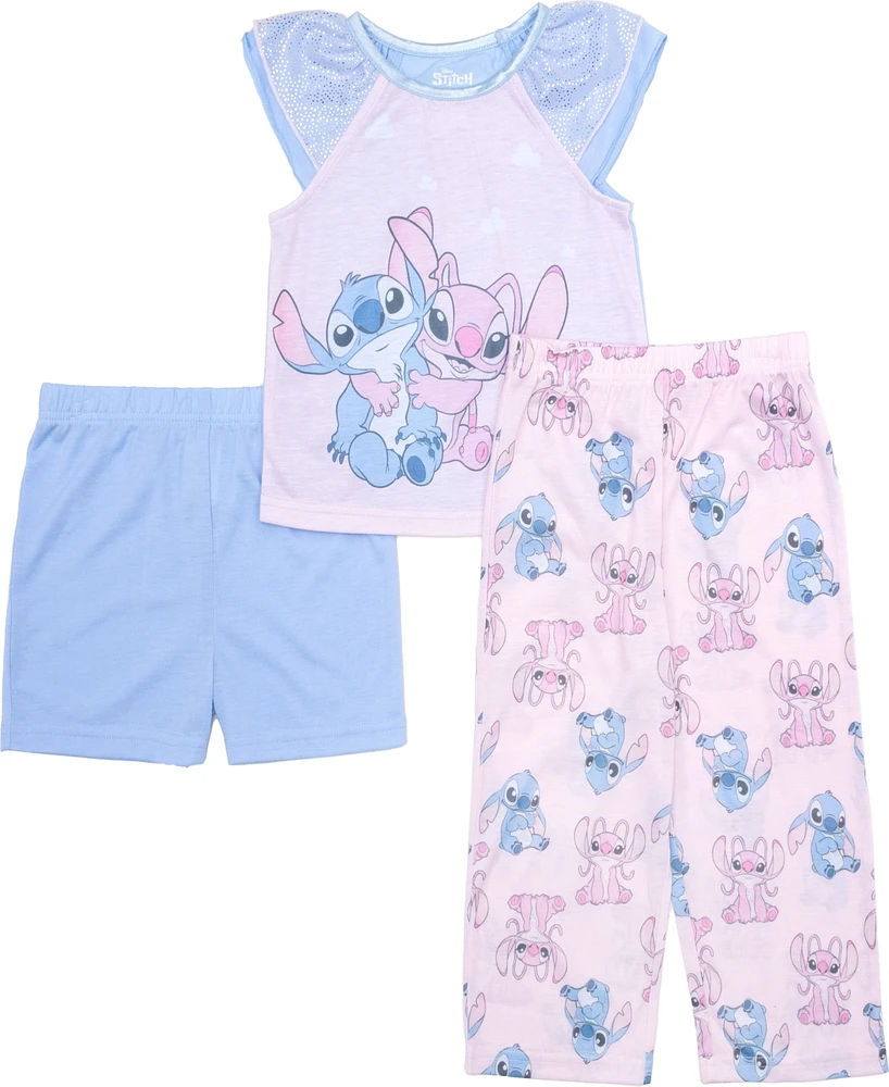 Lilo Stitch Toddler Girls Short Frill Sleeve Tank, Shorts, and Open Leg Pant, 3-Piece Pajama Set