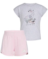 adidas Toddler & Little Girls Short-Sleeve Graphic Heather T-Shirt Mesh Shorts, 2 Piece Set