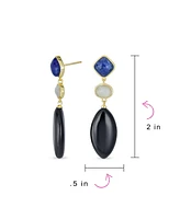 Bling Jewelry Unique Linear Long Natural Blue Lapis Black Onyx Rhombus Shape Square 3 Multi Tier Party Dangling Earrings Gold Plated