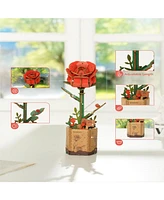 Robotime 3D Wooden Puzzle Red Rose Diy Model Building Kits Artifical Flower Toys, Red, 3.3"2.5"8.2"