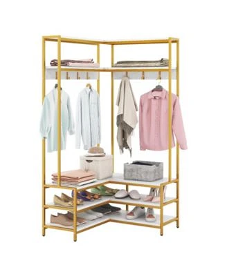 Gouun Corner Garment Rack with Open Shelves 7 Hooks Shoe Bench