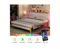 gaomon Queen Bed Frame with Charging Station, Led Bed Frame with Storage Headboard, Upholstered Platform Bed Frame, No Box Spring Needed