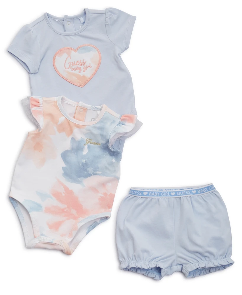 Guess Baby Girls Two Short Sleeve Bodysuits and Corresponding Shorts, 3-Piece Set