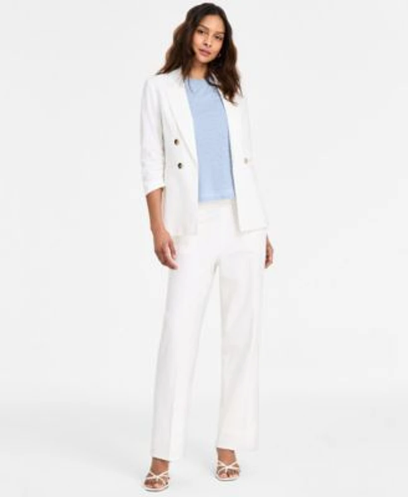Bar Iii Womens Ruched Sleeve Open Front Linen Blazer Printed Mesh Crewneck Top High Rise Pull On Linen Pants Exclusively At Macys