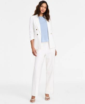 Bar Iii Womens Ruched Sleeve Open Front Linen Blazer Printed Mesh Crewneck Top High Rise Pull On Linen Pants Exclusively At Macys