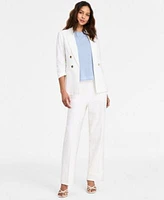 Bar Iii Womens Ruched Sleeve Open Front Linen Blazer Printed Mesh Crewneck Top High Rise Pull On Linen Pants Exclusively At Macys