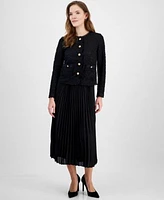 Anne Klein Womens Lace Button Front Patch Pocket Jacket Pleated Pull On Belted Midi Skirt