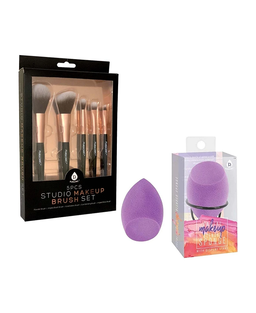 Pursonic Complete Makeup Application Kit - 5 Piece Studio Makeup Brush Set & Facial Makeup Blender Sponge with Stand