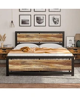 Slickblue Industrial Platform Bed Frame with Wood Panel Headboard Footboard