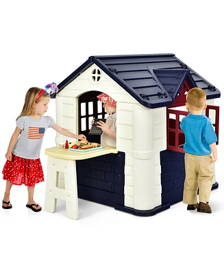 Gymax Kid's Playhouse Games Cottage w/ 7 Pcs Toy Set & Waterproof Cover